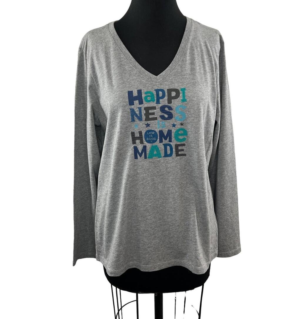 NWT Life is Good Long Sleeve Crusher Tee Happiness is Home V-Neck Gray L NEW